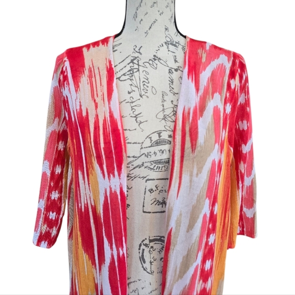 Chico's Red Orange Tie Dye 3/4 Sleeve Open Front Cardigan Sweater SP - Picture 4 of 7